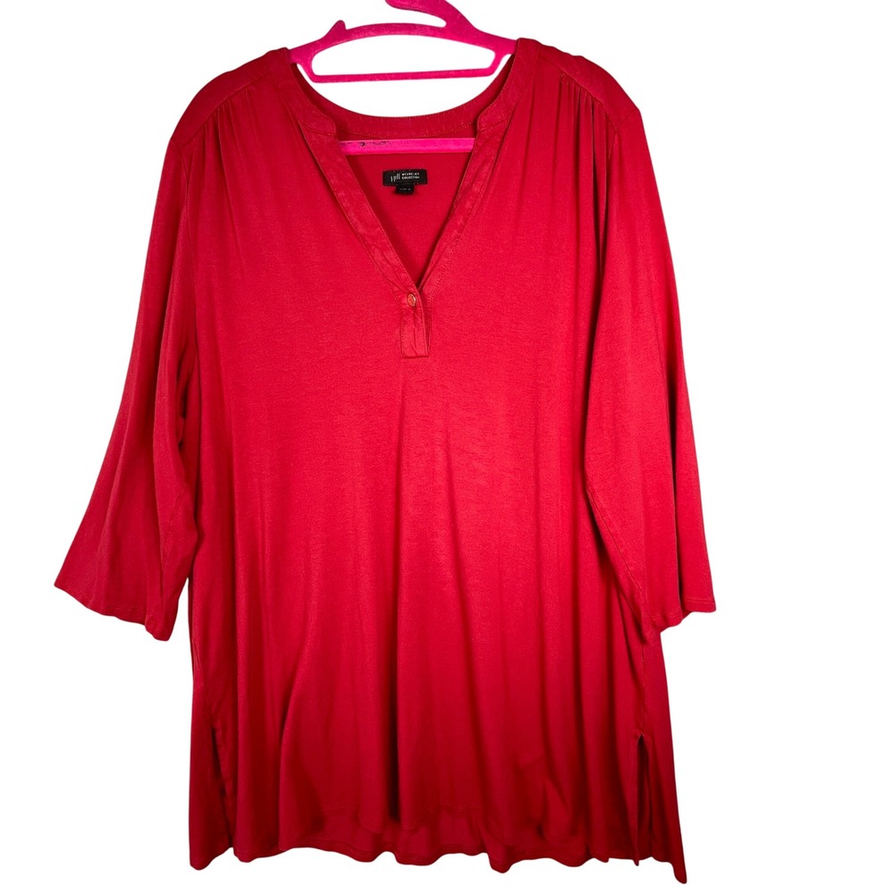 J. Jill Wearever Tunic Womens Large Red Excellent 3/4 Sleeve Split Neck Rayon